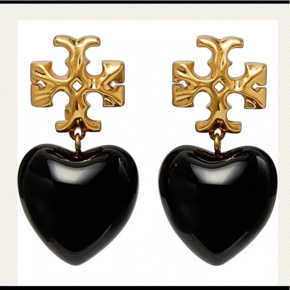 Tory Burch Authentic Vintage Roxanne Gold-Tone & Resin Heart Earrings In Black - Picture 5 of 10